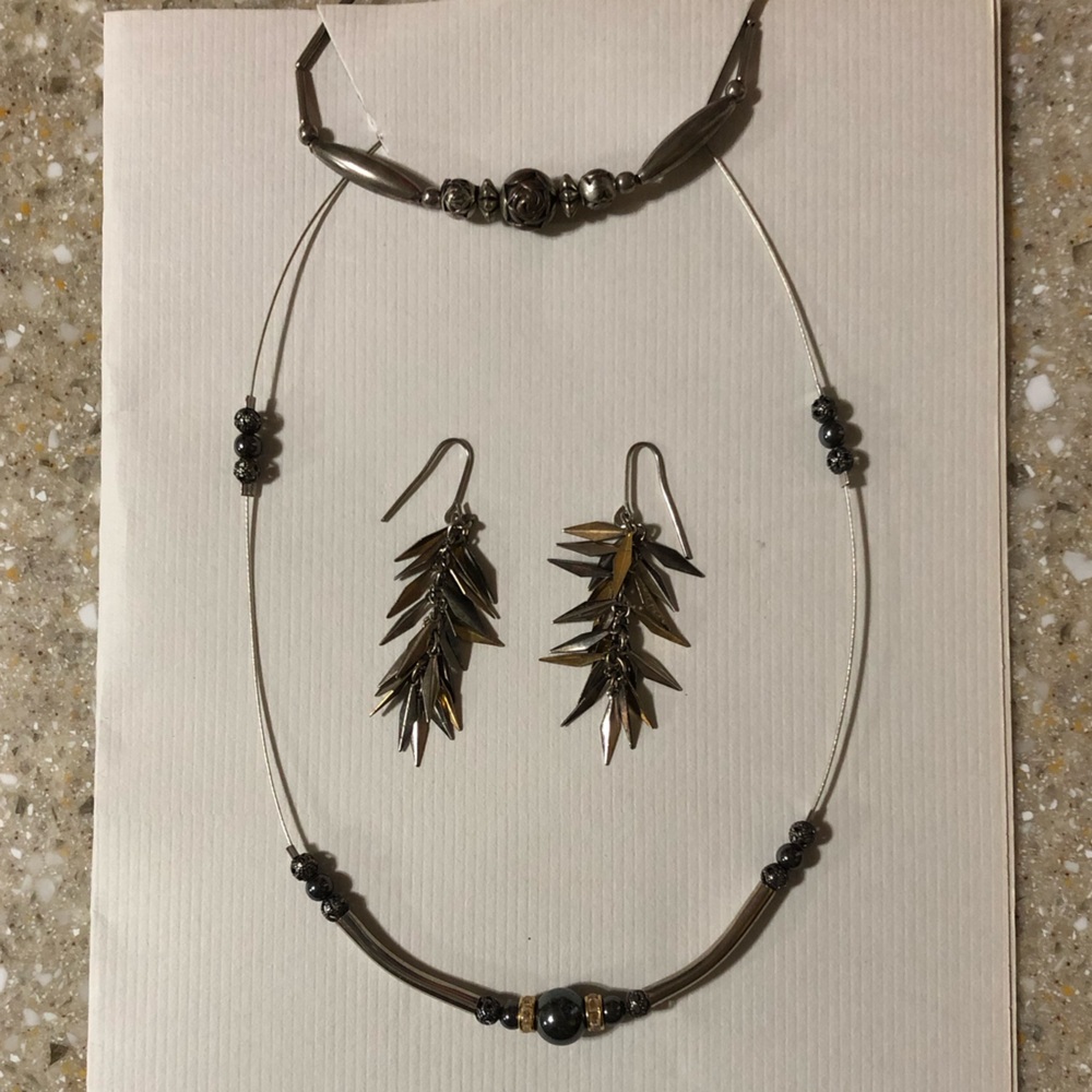 Vintage Silver Bead Bracelet w/Spiky Dangle Earrings & Curved Bar Choker